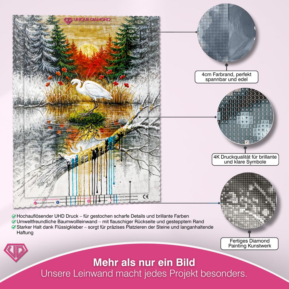 5D Diamond Painting – Der weiße Reiher im Farbspiel der Natur Unique-Diamond
