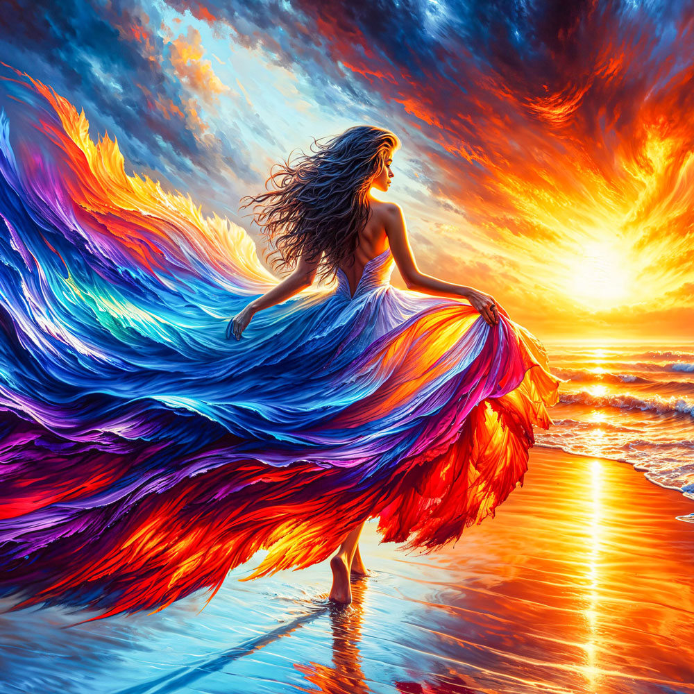 5D Diamond Painting – Elenas Feuerkleid im Sonnenuntergang, Unique-Diamond
