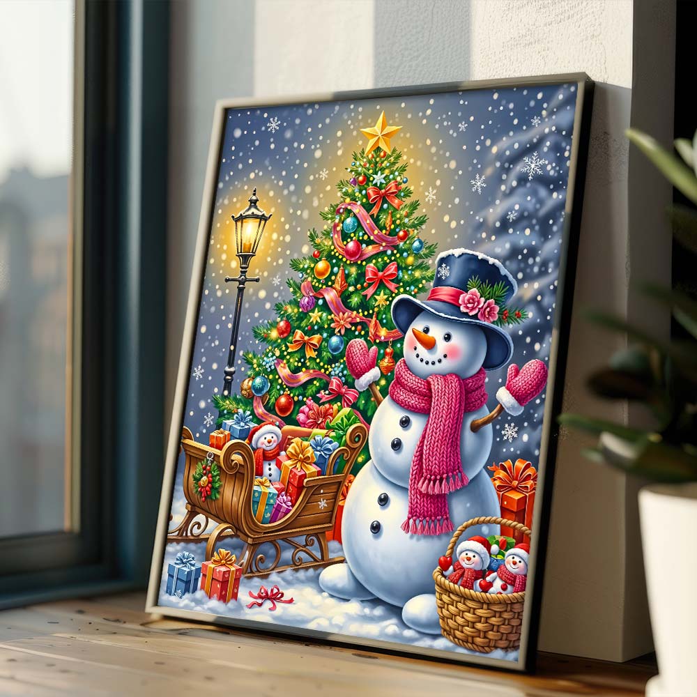 5D Diamond Painting – Fröhlicher Schneemann & Weihnachtsbaumfreude Unique-Diamond