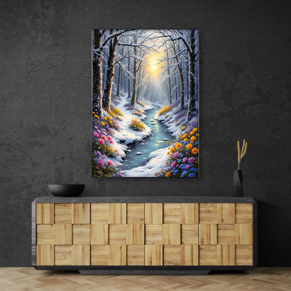 5D Diamond Painting – Frühlingslicht im Winterwald, Unique-Diamond
