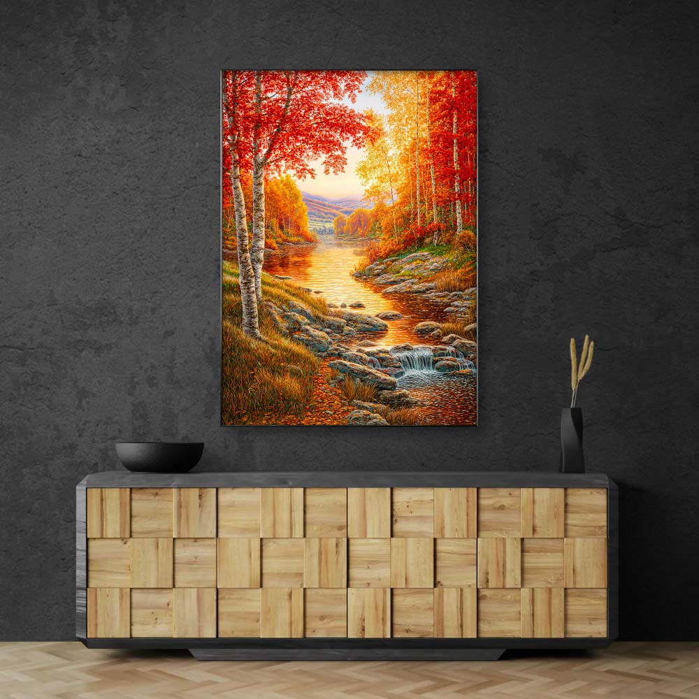 5D Diamond Painting – Goldenes Flüstern am Waldbach, Unique-Diamond