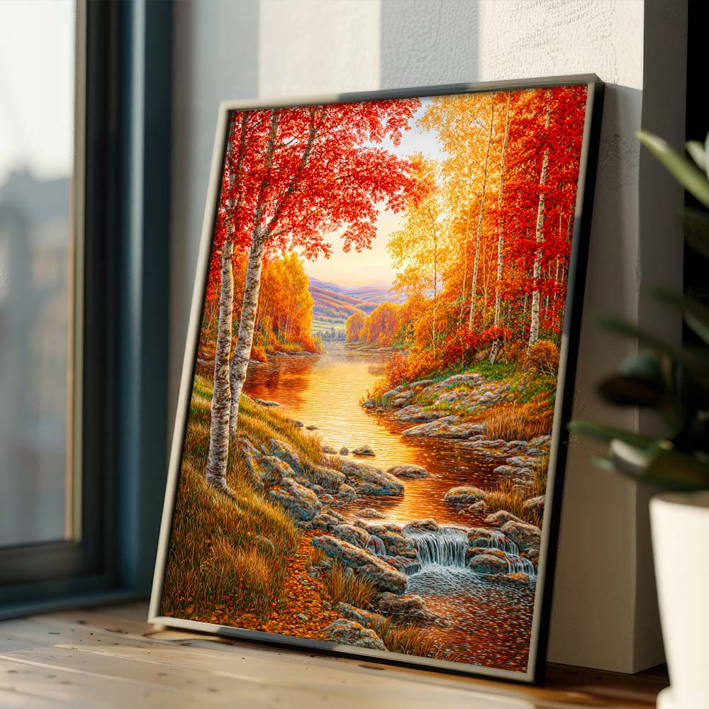 5D Diamond Painting – Goldenes Flüstern am Waldbach, Unique-Diamond