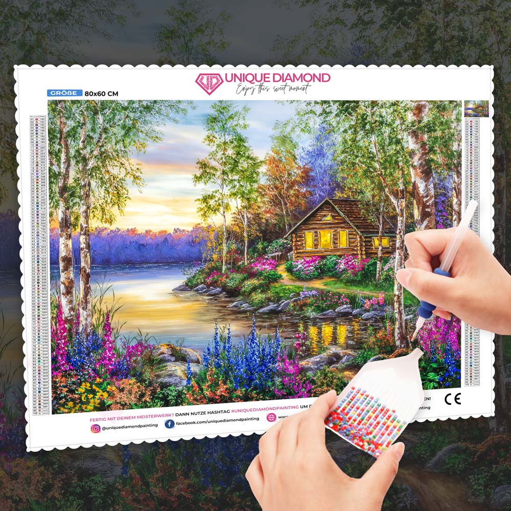 5D Diamond Painting – Hütte am See der Stille