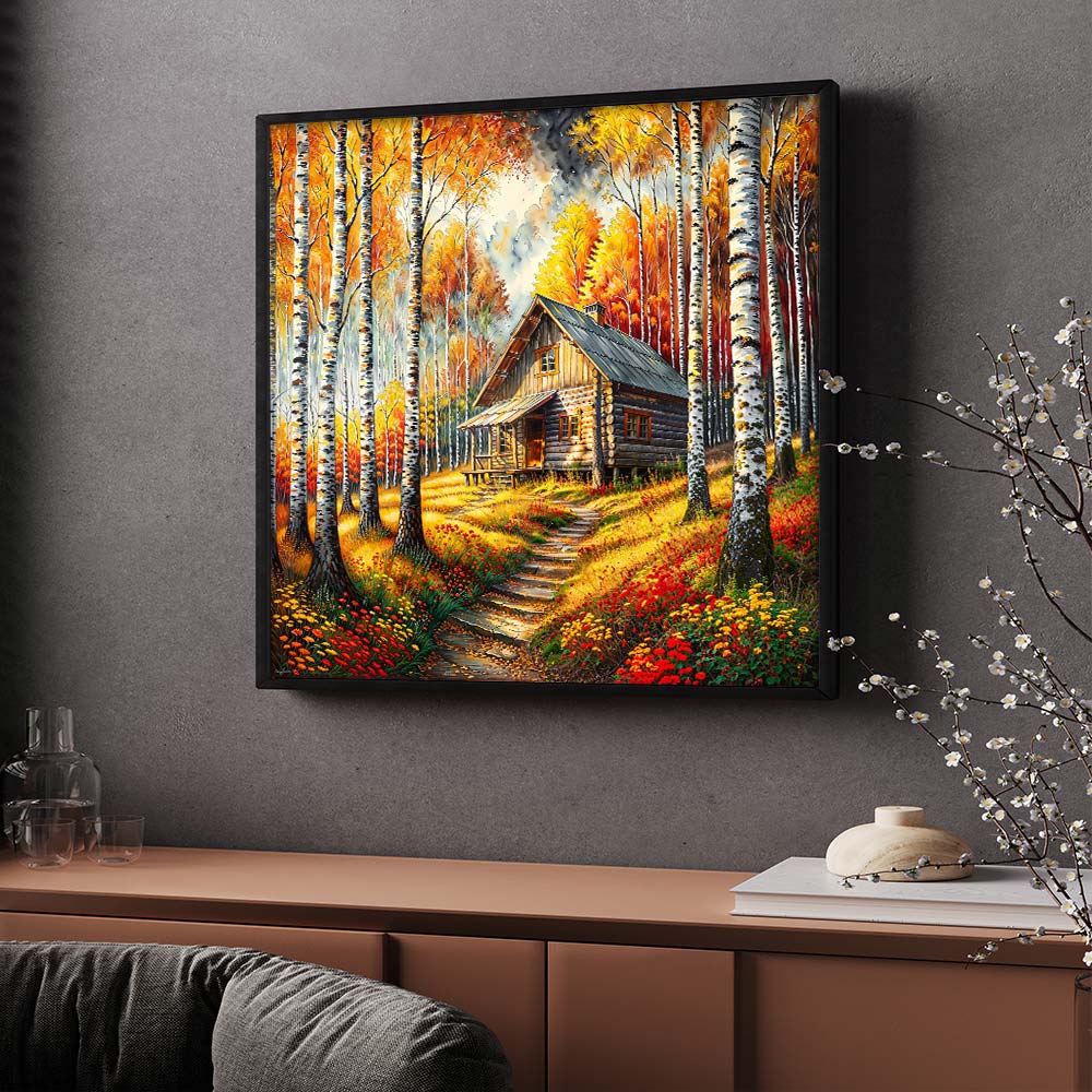 5D Diamond Painting – Hütte im goldenen Flammenwald, Unique-Diamond