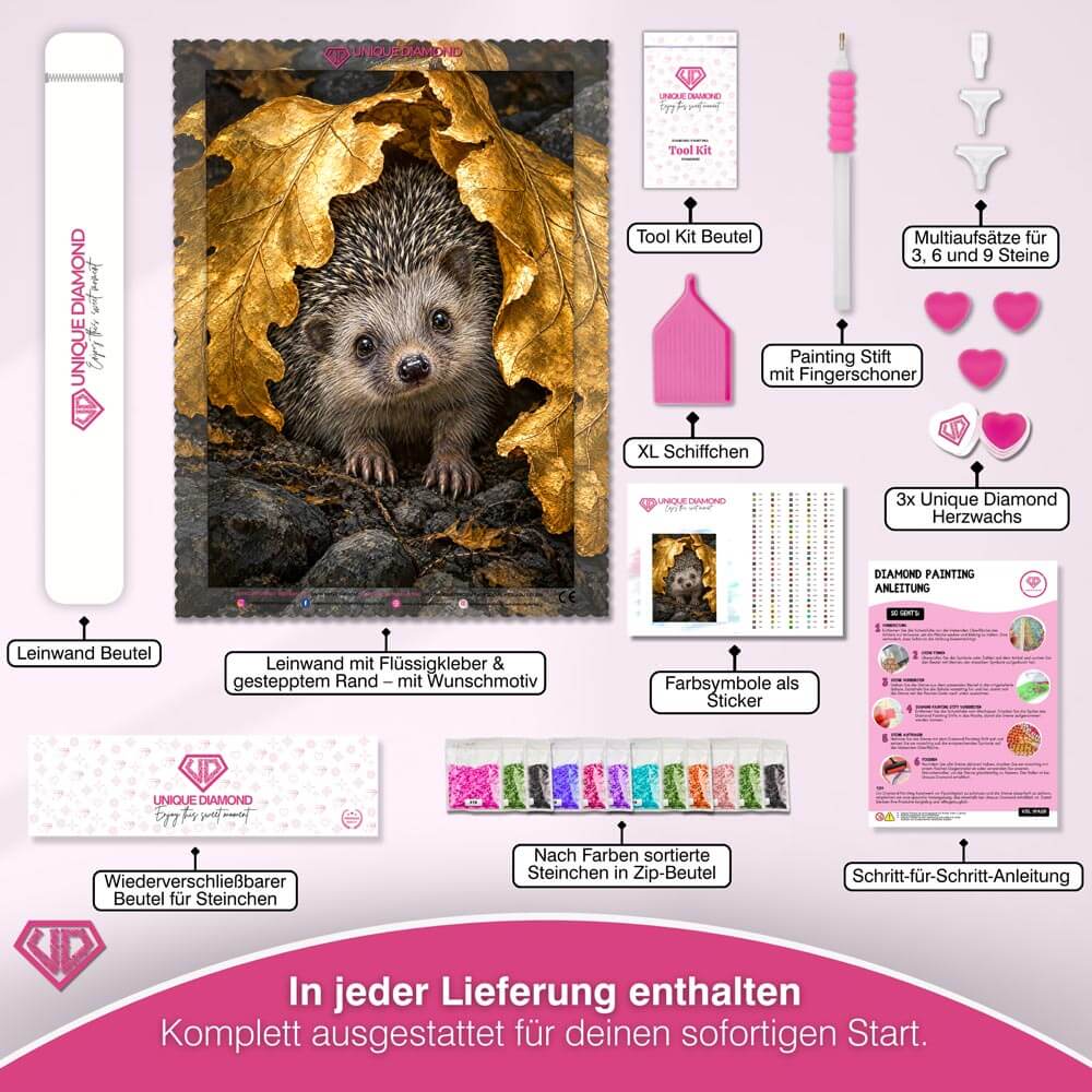 5D Diamond Painting – Igel im goldenen Blätterdach
