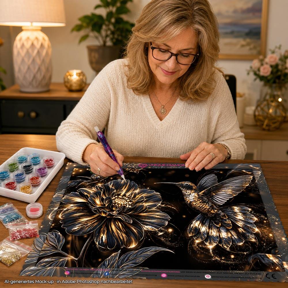 5D Diamond Painting – Kolibri im goldenen Blütentanz