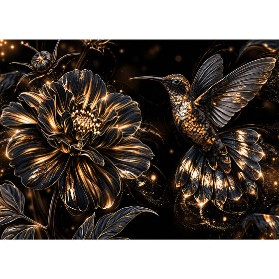 5D Diamond Painting – Kolibri im goldenen Blütentanz | Unique Diamond