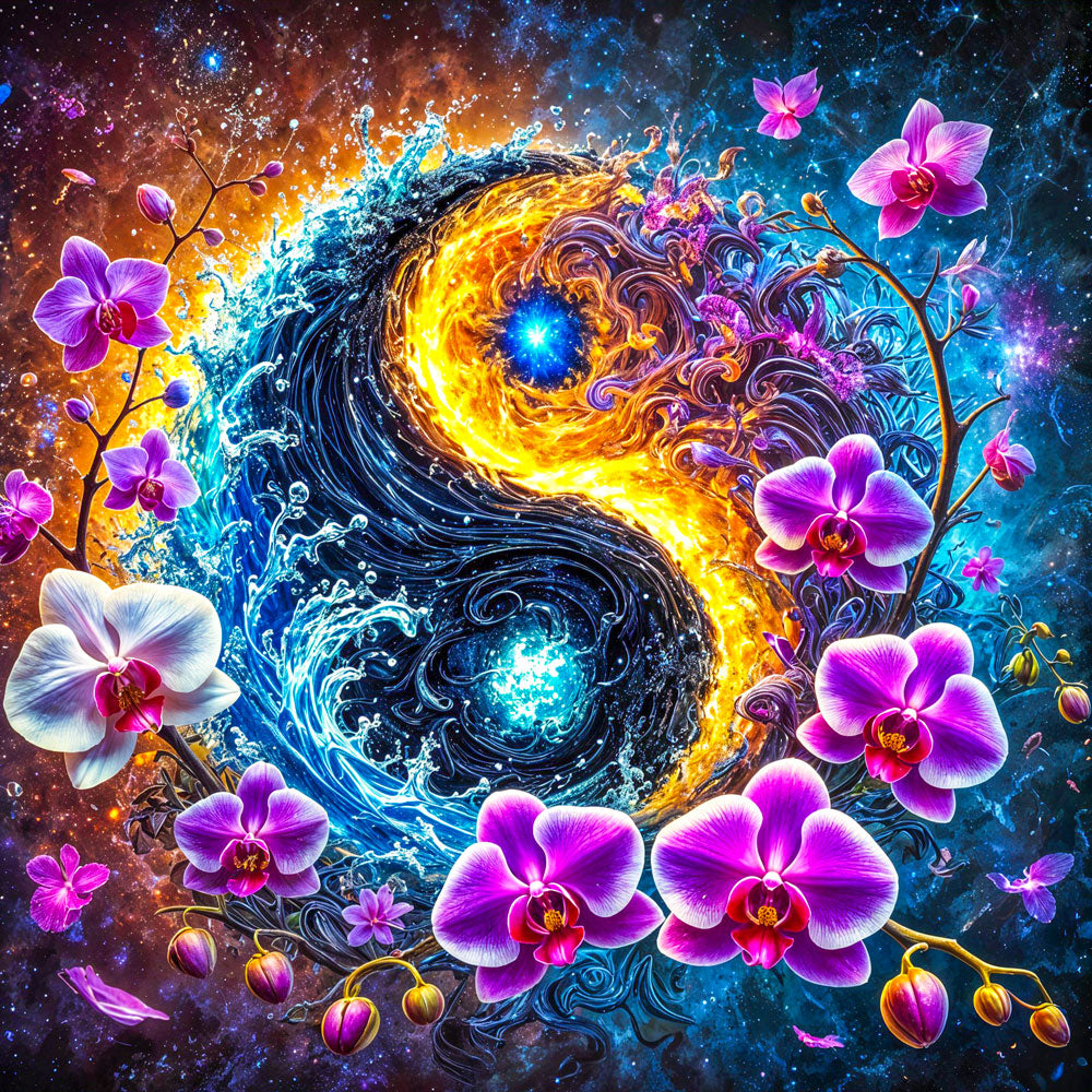 5D Diamond Painting – Kosmisches Yin & Yang mit Orchideen, Unique-Diamond
