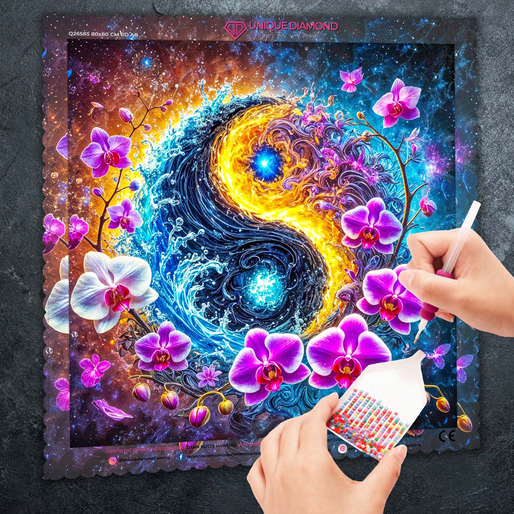 5D Diamond Painting – Kosmisches Yin & Yang mit Orchideen, Unique-Diamond