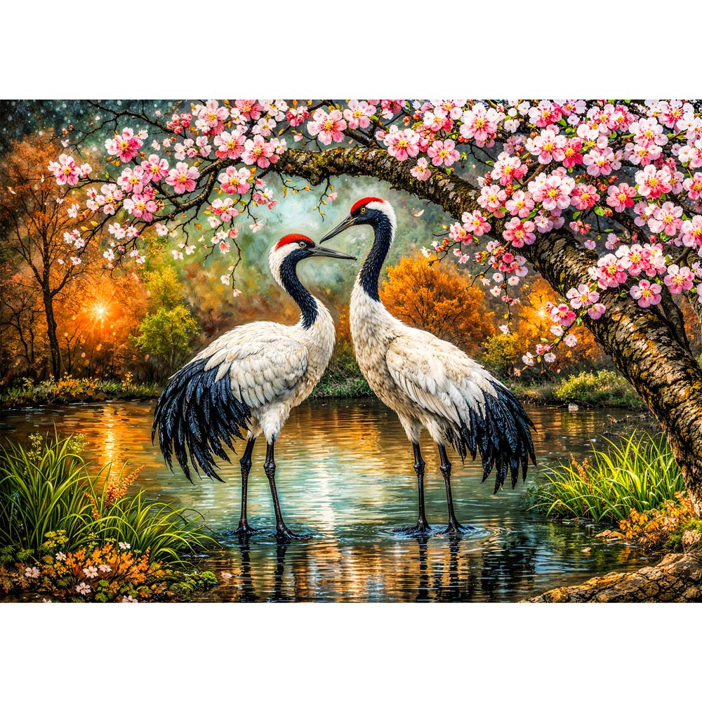 5D Diamond Painting – Kranichpaar Akira & Sora im Blütenzauber, Unique-Diamond