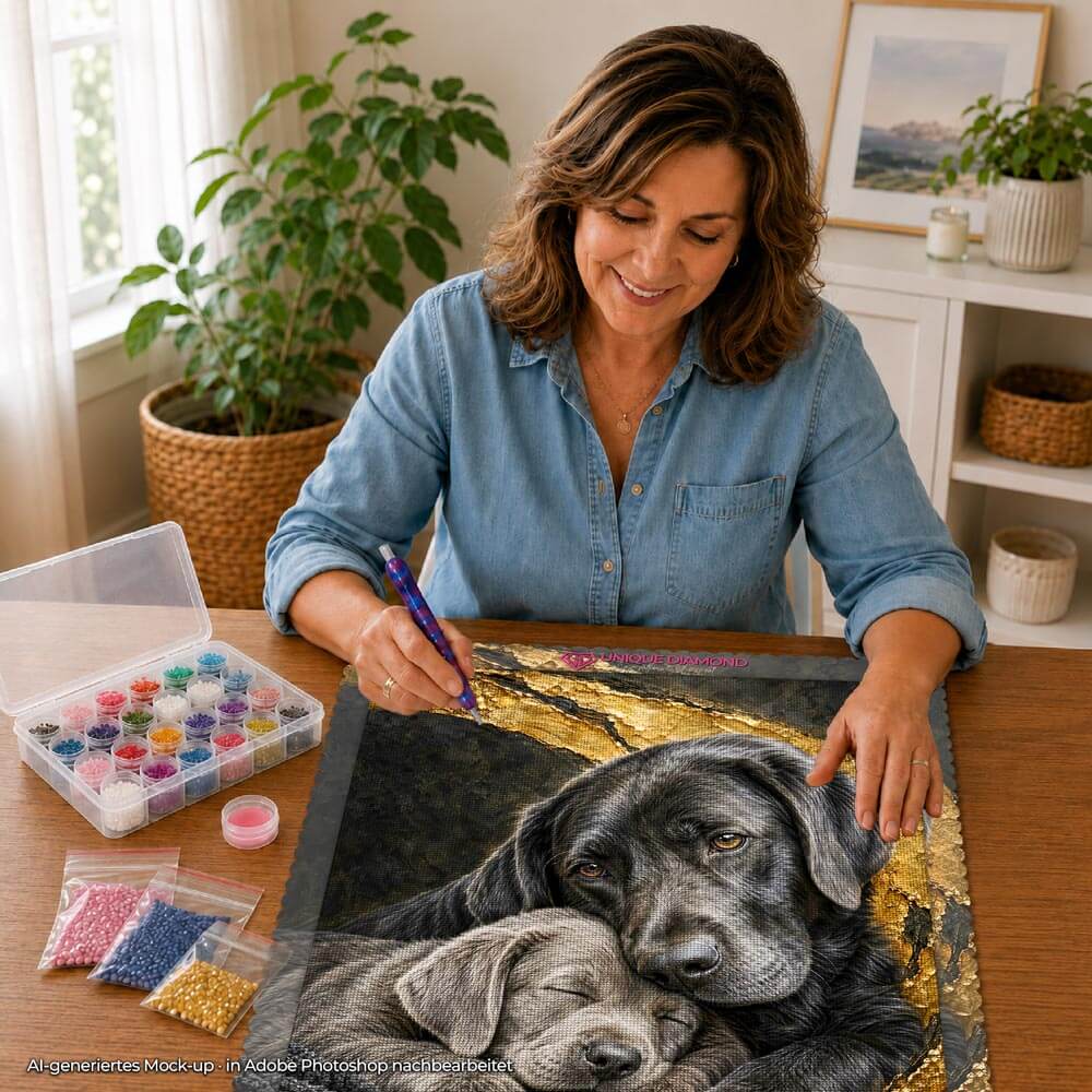 5D Diamond Painting – Labradorliebe in Gold geborgen