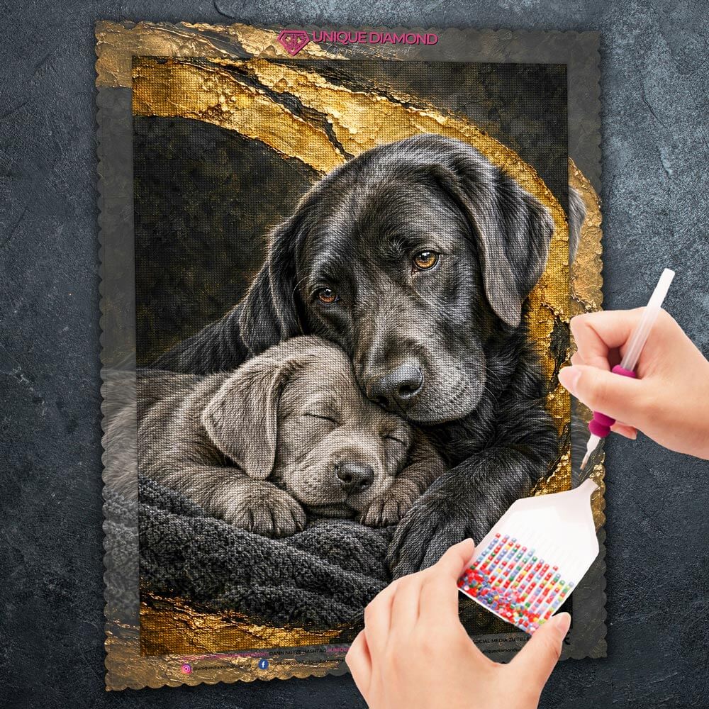 5D Diamond Painting – Labradorliebe in Gold geborgen