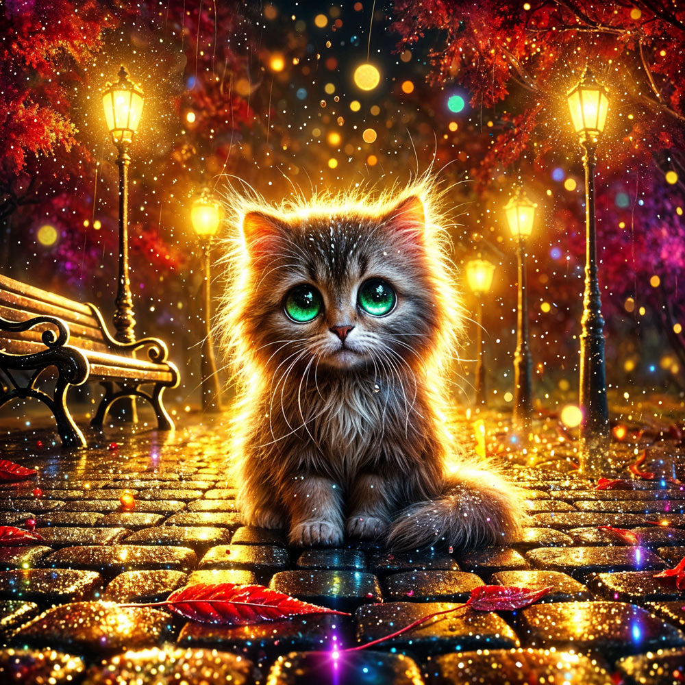 5D Diamond Painting – Laternenkatze im Lichterregen, Unique-Diamond