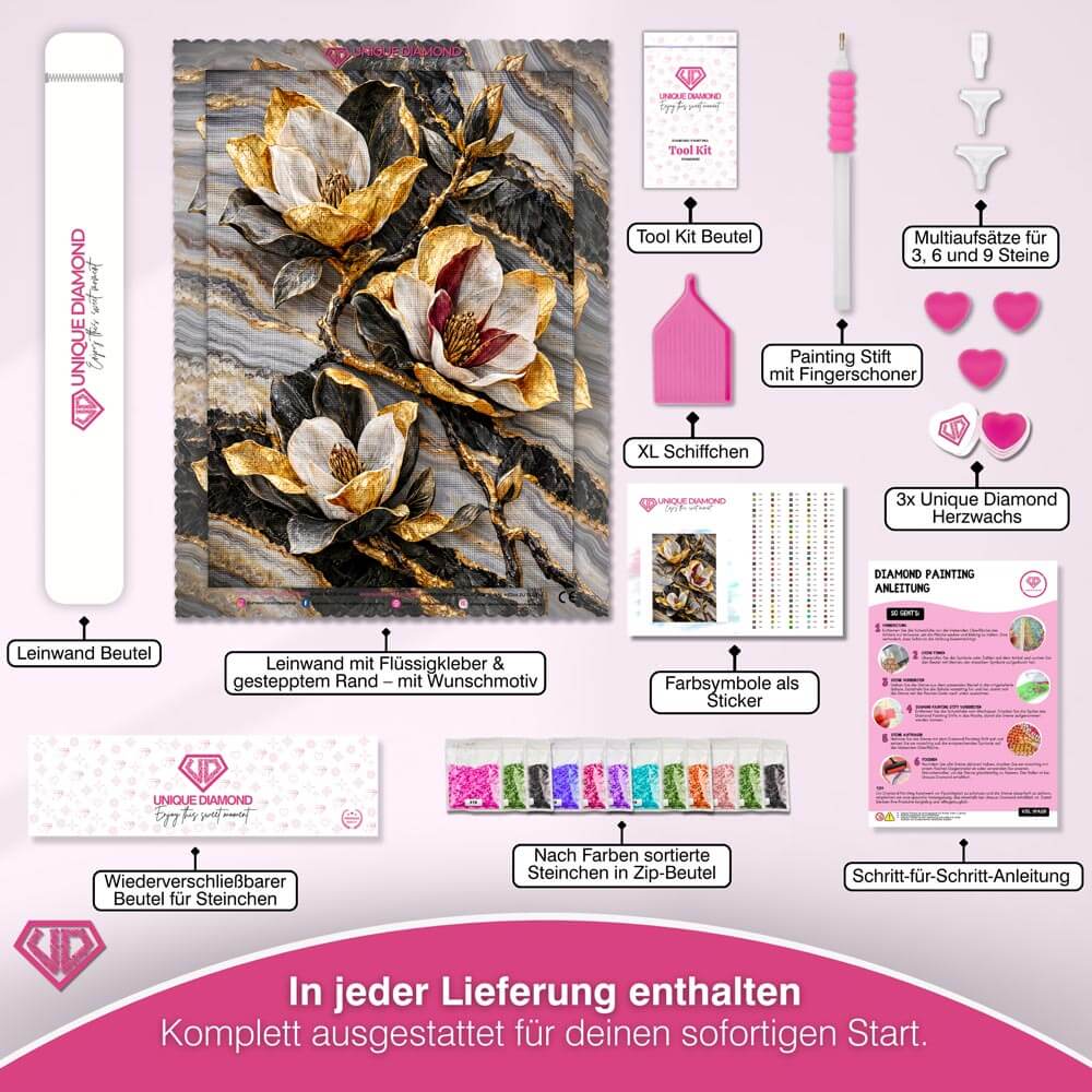 5D Diamond Painting – Magnolien im goldenen Steinfluss