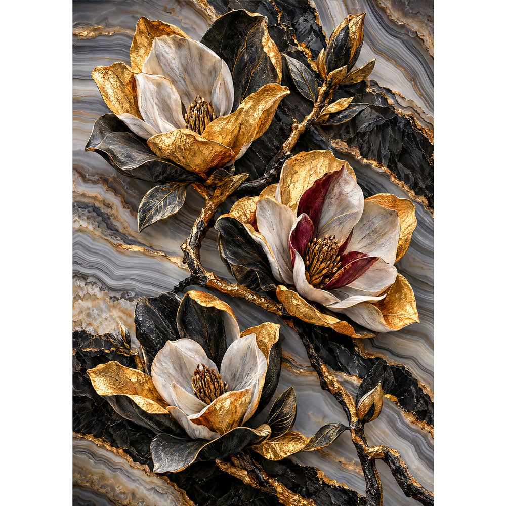 5D Diamond Painting – Magnolien im goldenen Steinfluss | Unique Diamond