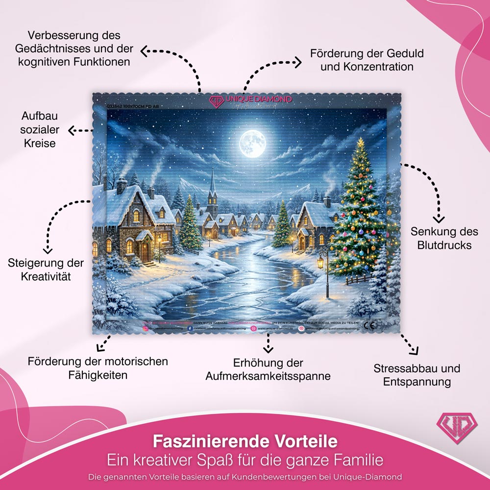 5D Diamond Painting – Mondnacht im Winterdorf Unique-Diamond