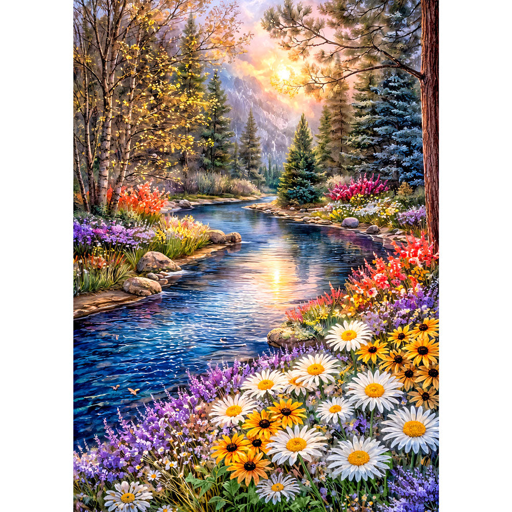 5D Diamond Painting – Mountain River Blossom, Unique-Diamond