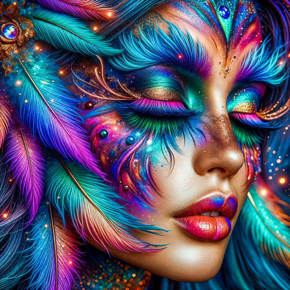 5D Diamond Painting – Nayeli im Farbenrausch der Federn