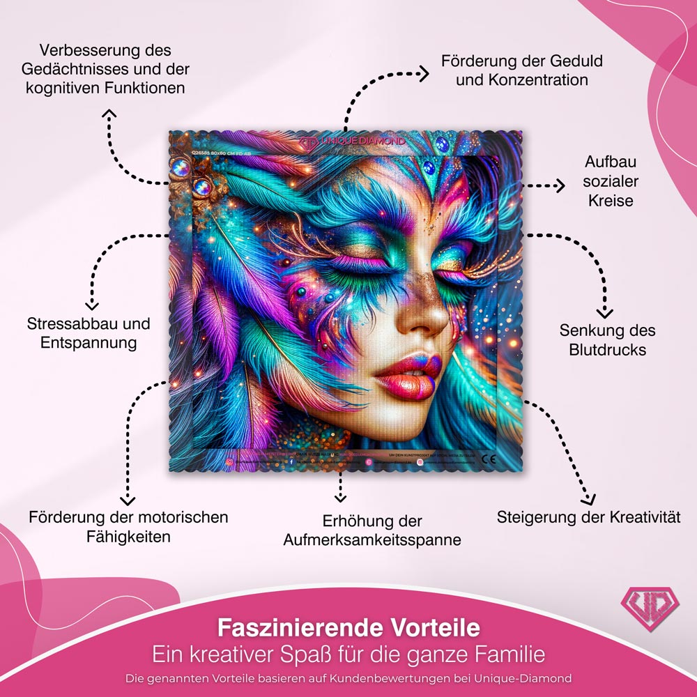 5D Diamond Painting – Nayeli im Farbenrausch der Federn