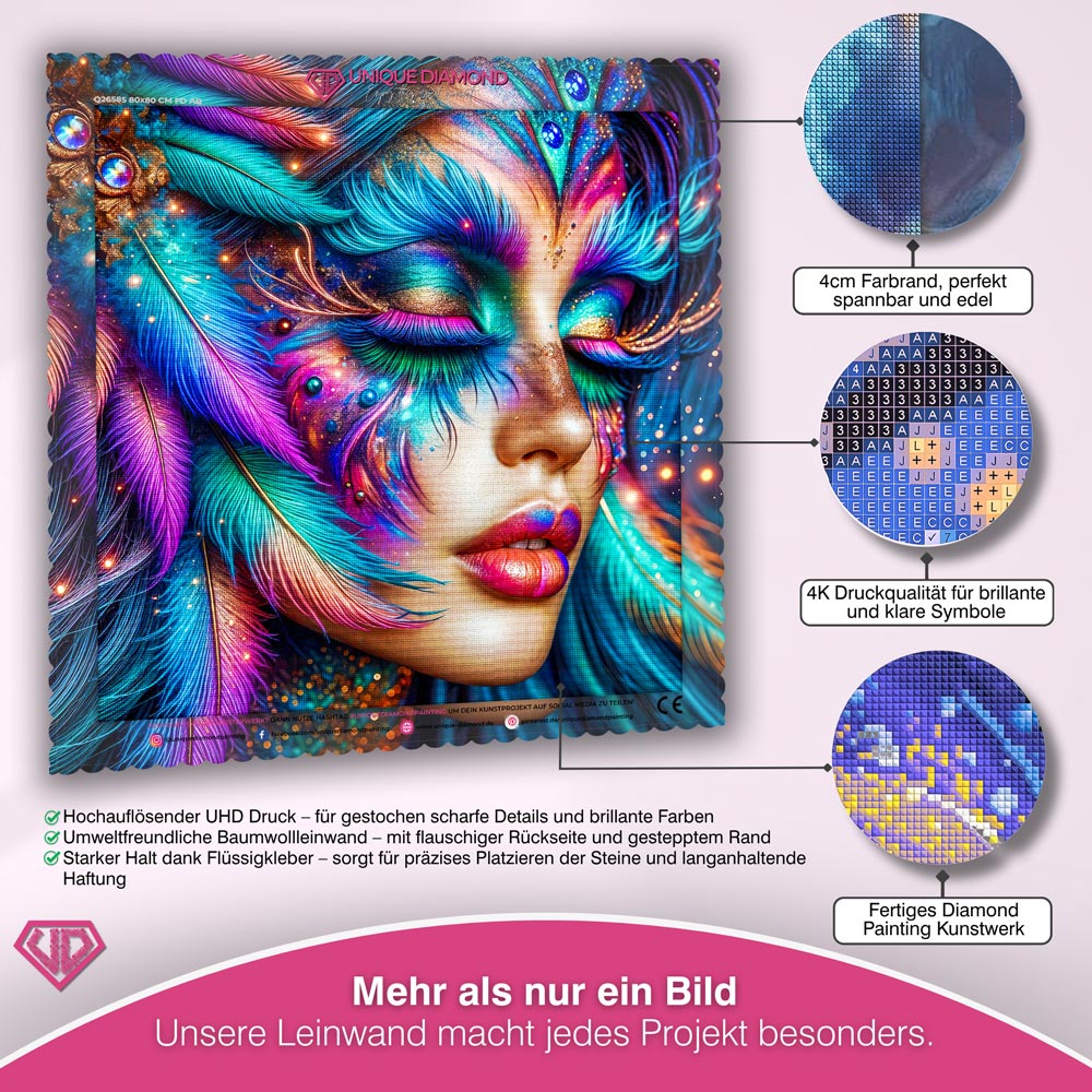 5D Diamond Painting – Nayeli im Farbenrausch der Federn