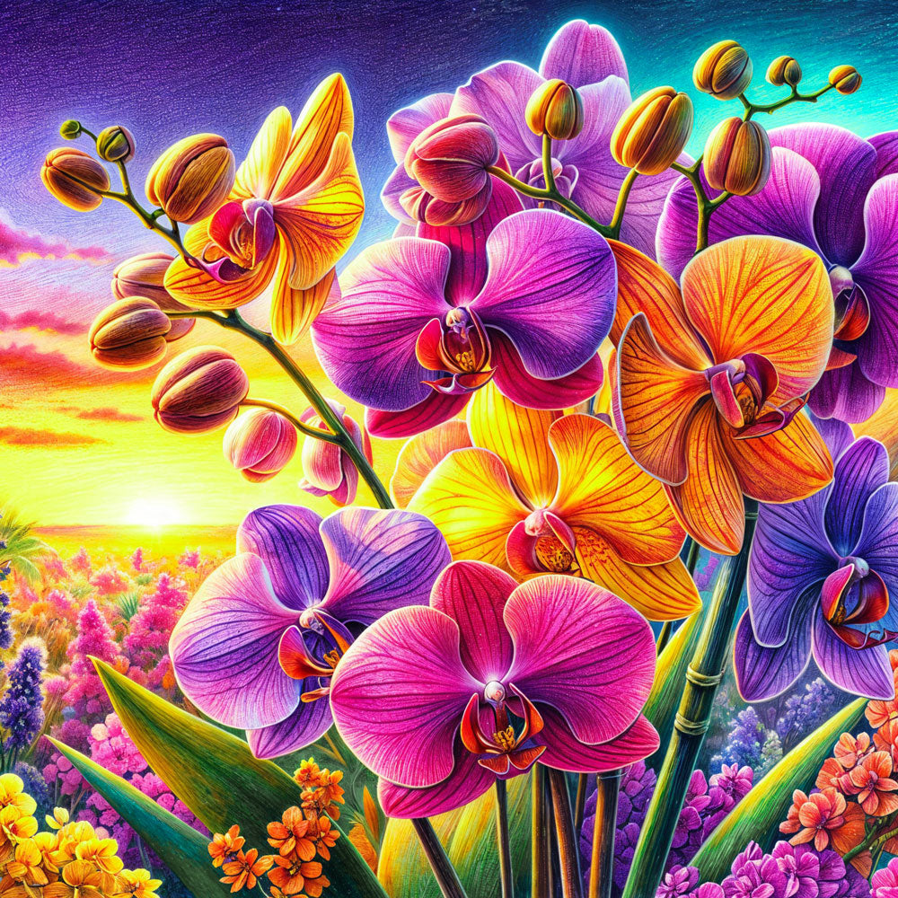 5D Diamond Painting – Orchideenfeuer im Abendlicht, Unique-Diamond