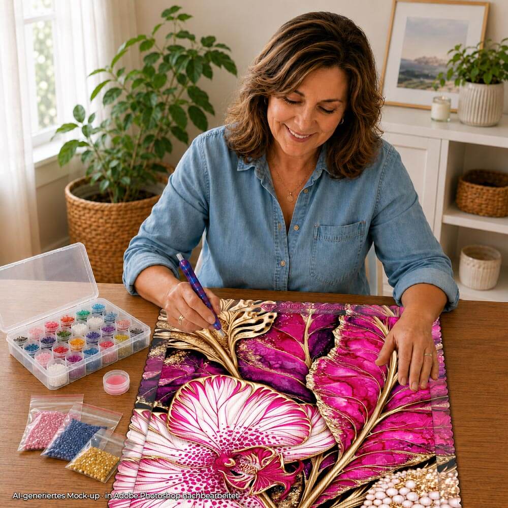 5D Diamond Painting – Orchideenzauber in Rubin & Gold