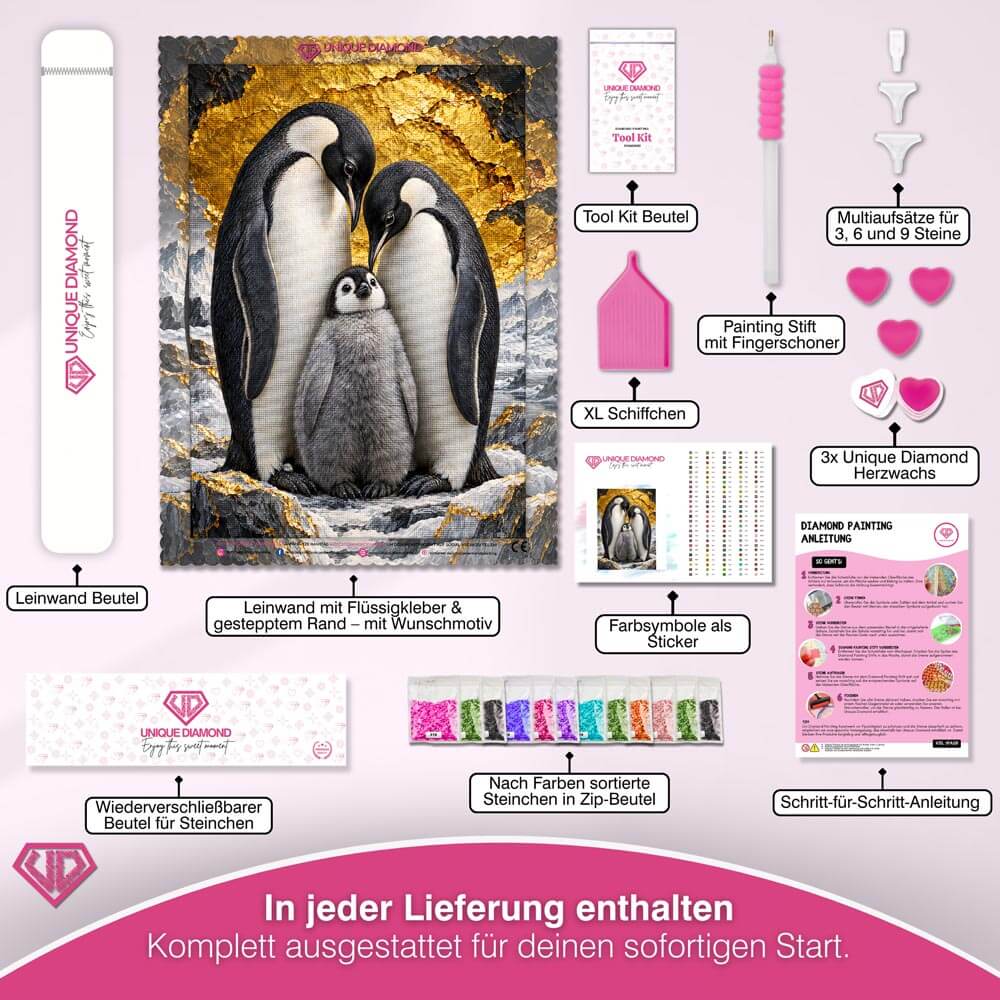 5D Diamond Painting – Pinguinfamilie im Goldglanz