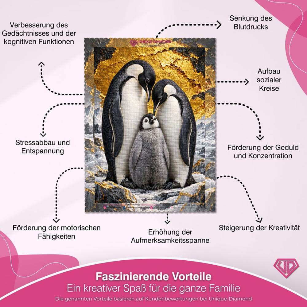 5D Diamond Painting – Pinguinfamilie im Goldglanz