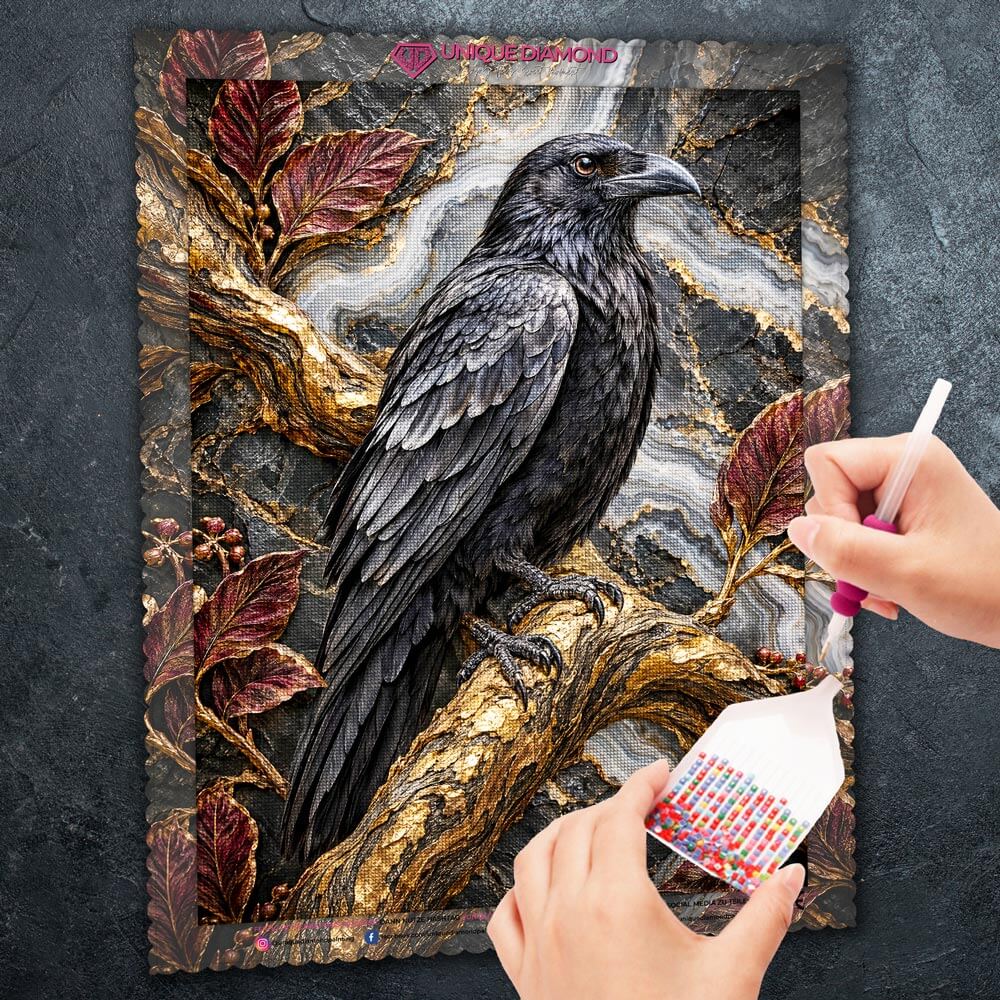5D Diamond Painting – Rabe auf goldenem Geäst