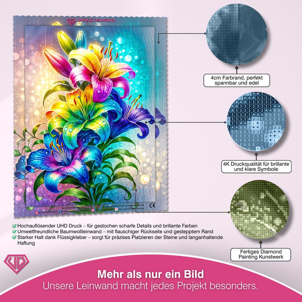5D Diamond Painting – Regenbogenlilien im Lichtzauber Unique-Diamond