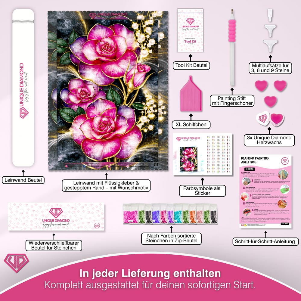 5D Diamond Painting – Rosenzauber in Pink & Gold