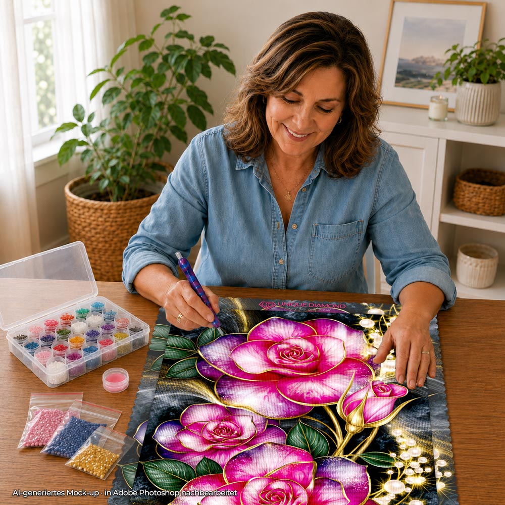 5D Diamond Painting – Rosenzauber in Pink & Gold