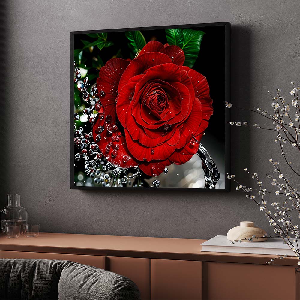 5D Diamond Painting – Rote Rose mit Wasserspritzer Unique-Diamond