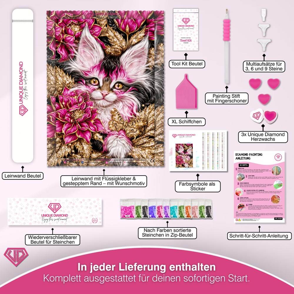 5D Diamond Painting – Samtpfote im Blütenjuwel