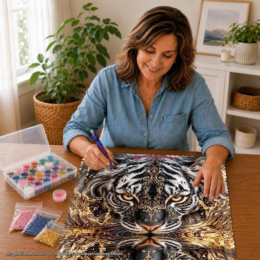 5D Diamond Painting – Silbertiger am Goldspiegel