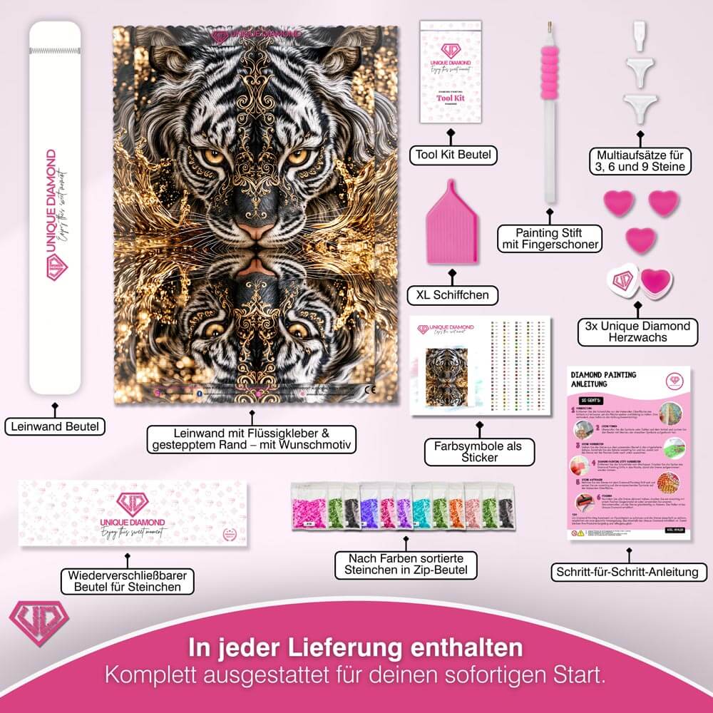 5D Diamond Painting – Silbertiger am Goldspiegel