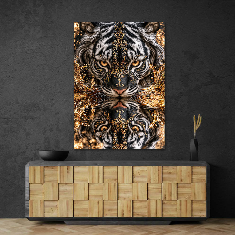 5D Diamond Painting – Silbertiger am Goldspiegel
