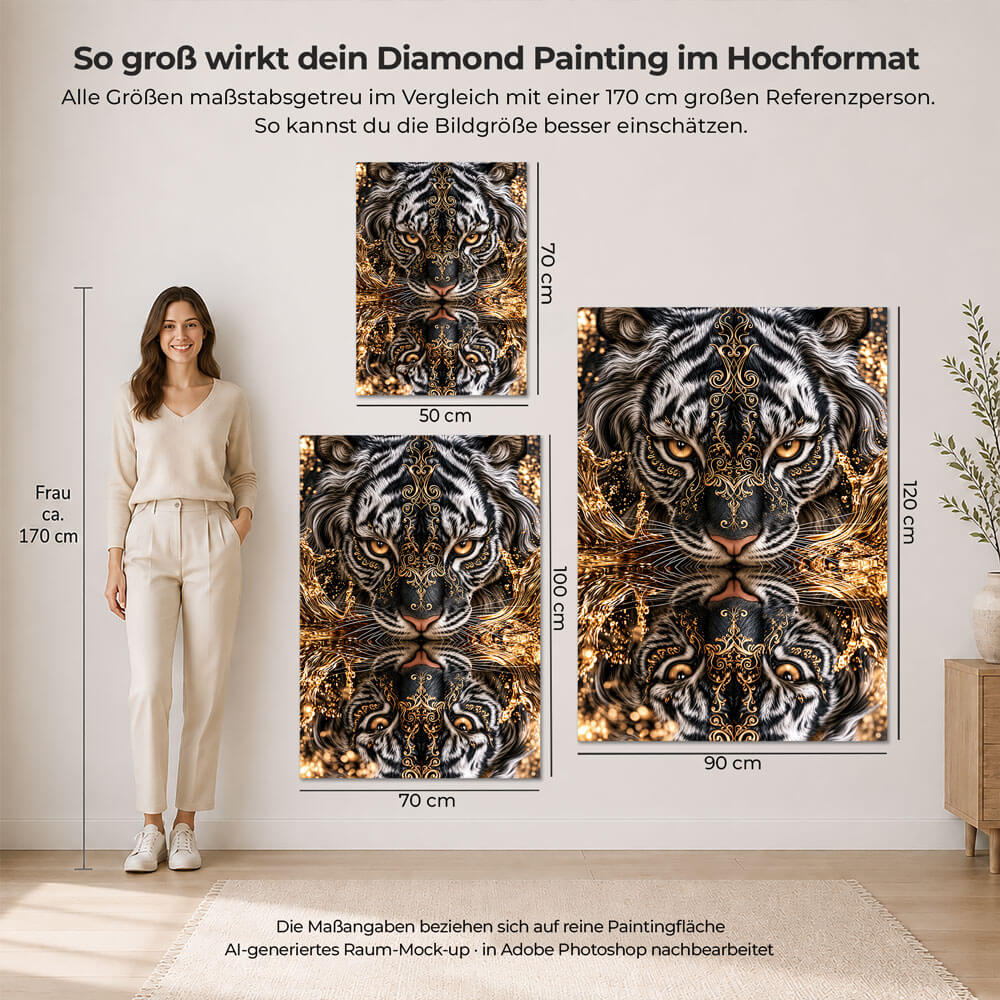 5D Diamond Painting – Silbertiger am Goldspiegel