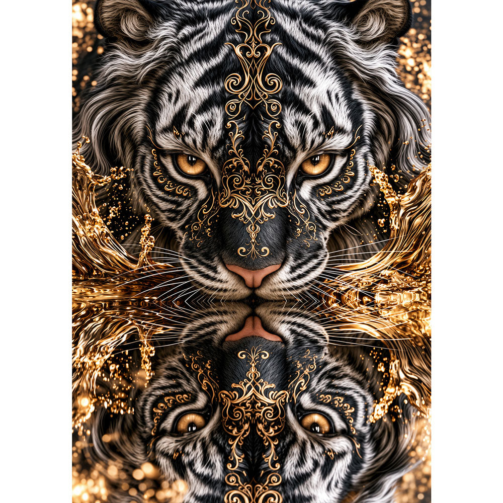 5D Diamond Painting – Silbertiger am Goldspiegel | Unique Diamond