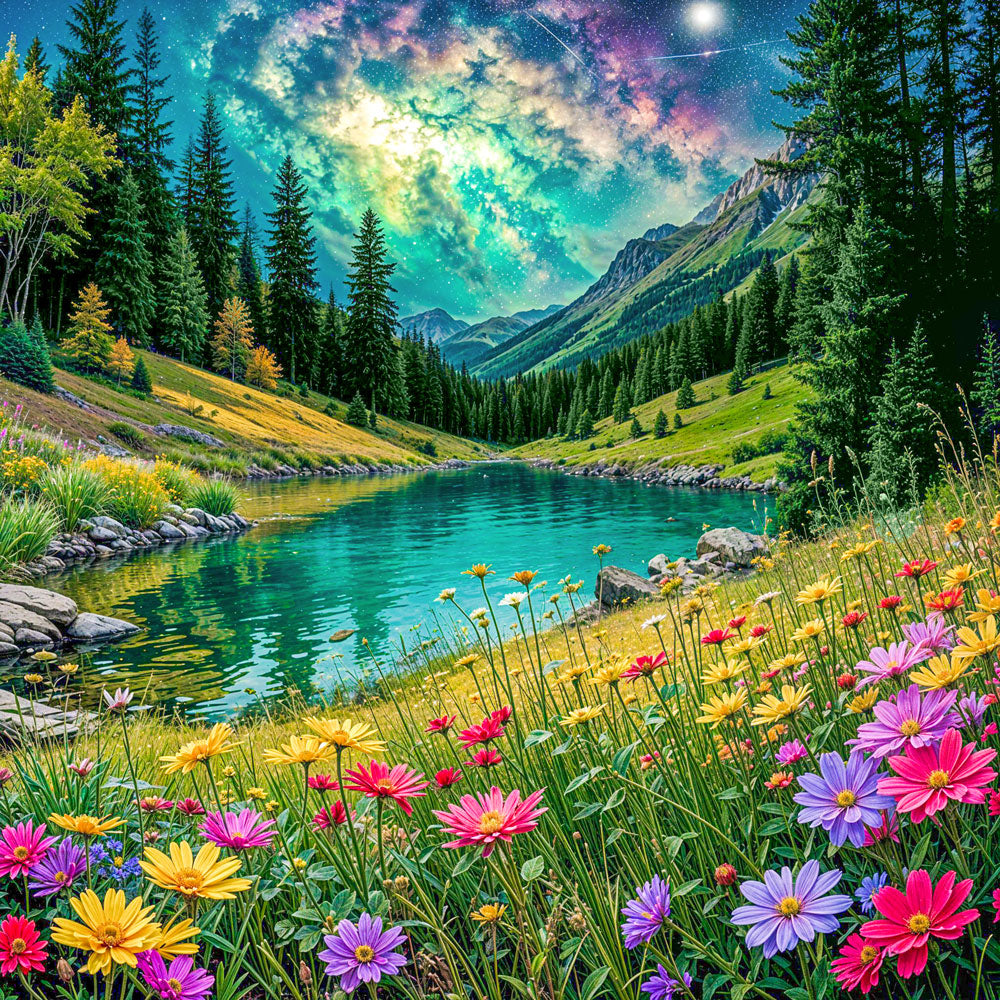 5D Diamond Painting – Sternenblüte am Himmelssee, Unique-Diamond