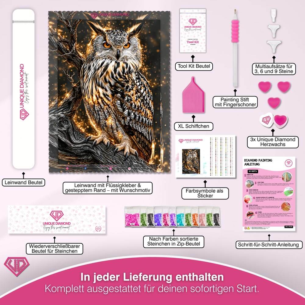 5D Diamond Painting – Uhu im goldenen Nachtzauber