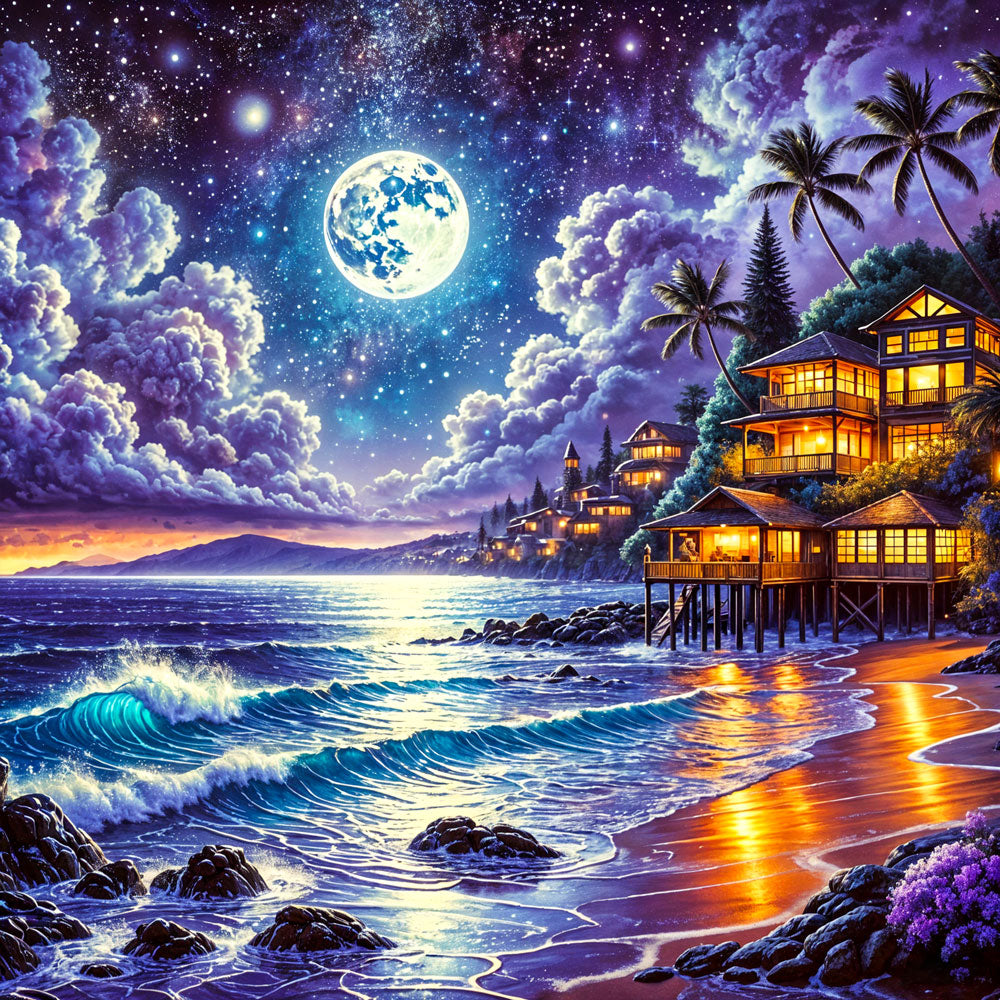 5D Diamond Painting – Vollmond über der Küstenbucht, Unique-Diamond