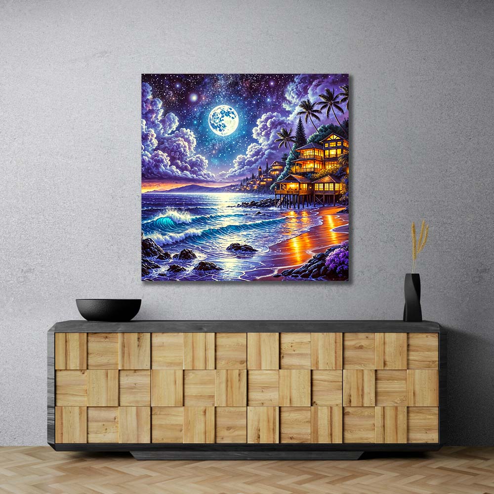 5D Diamond Painting – Vollmond über der Küstenbucht, Unique-Diamond