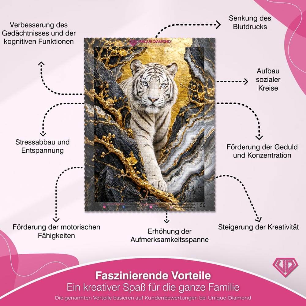 5D Diamond Painting – Weißer Tiger im goldenen Blütenfels