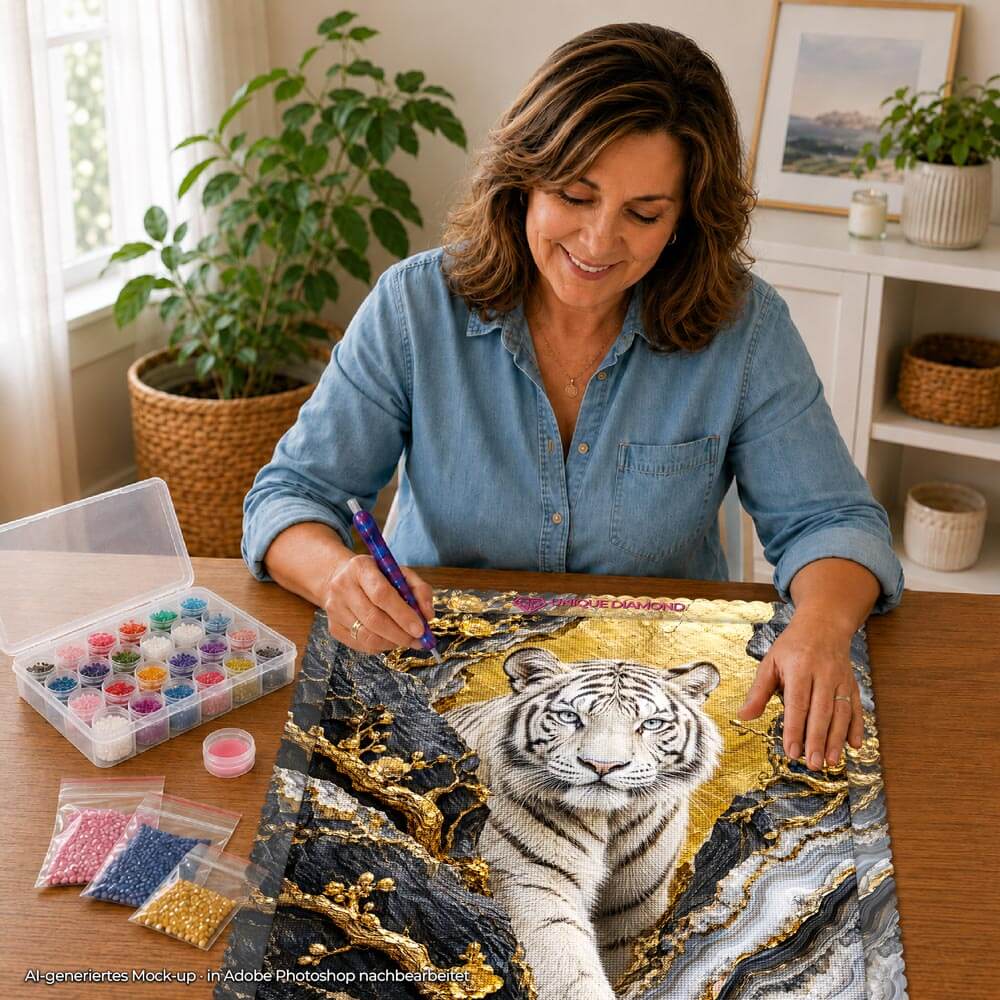5D Diamond Painting – Weißer Tiger im goldenen Blütenfels