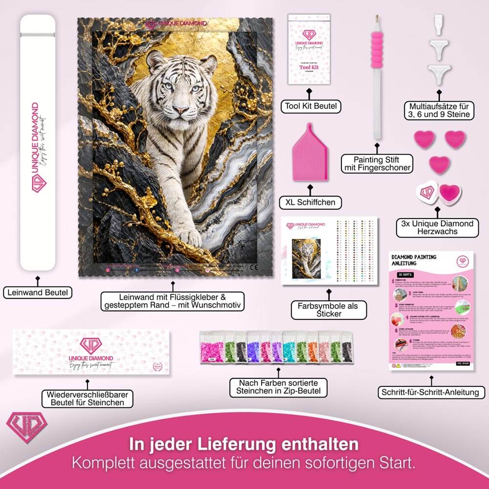 5D Diamond Painting – Weißer Tiger im goldenen Blütenfels