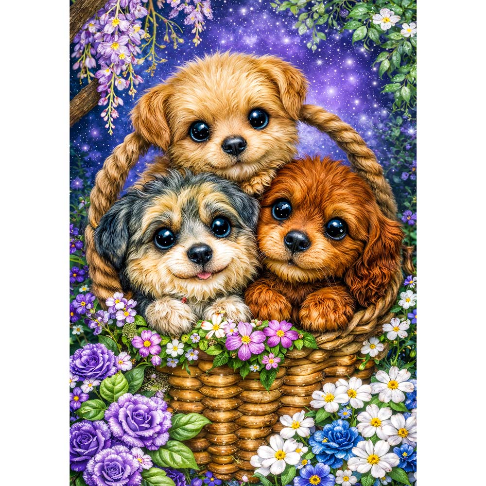 5D Diamond Painting – Welpen Trio Milo, Nala & Bruno im Blütenkorb