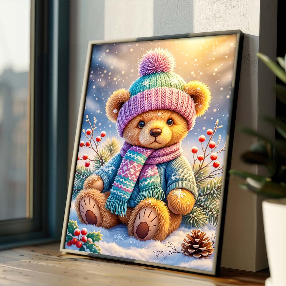5D Diamond Painting – Winterbär Emil im Schneegarten Unique-Diamond