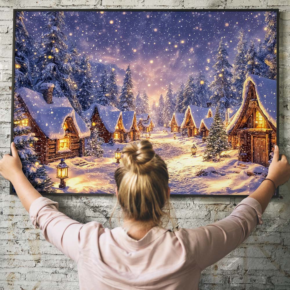 5D Diamond Painting – Winterstille im Hüttendorf, Unique-Diamond