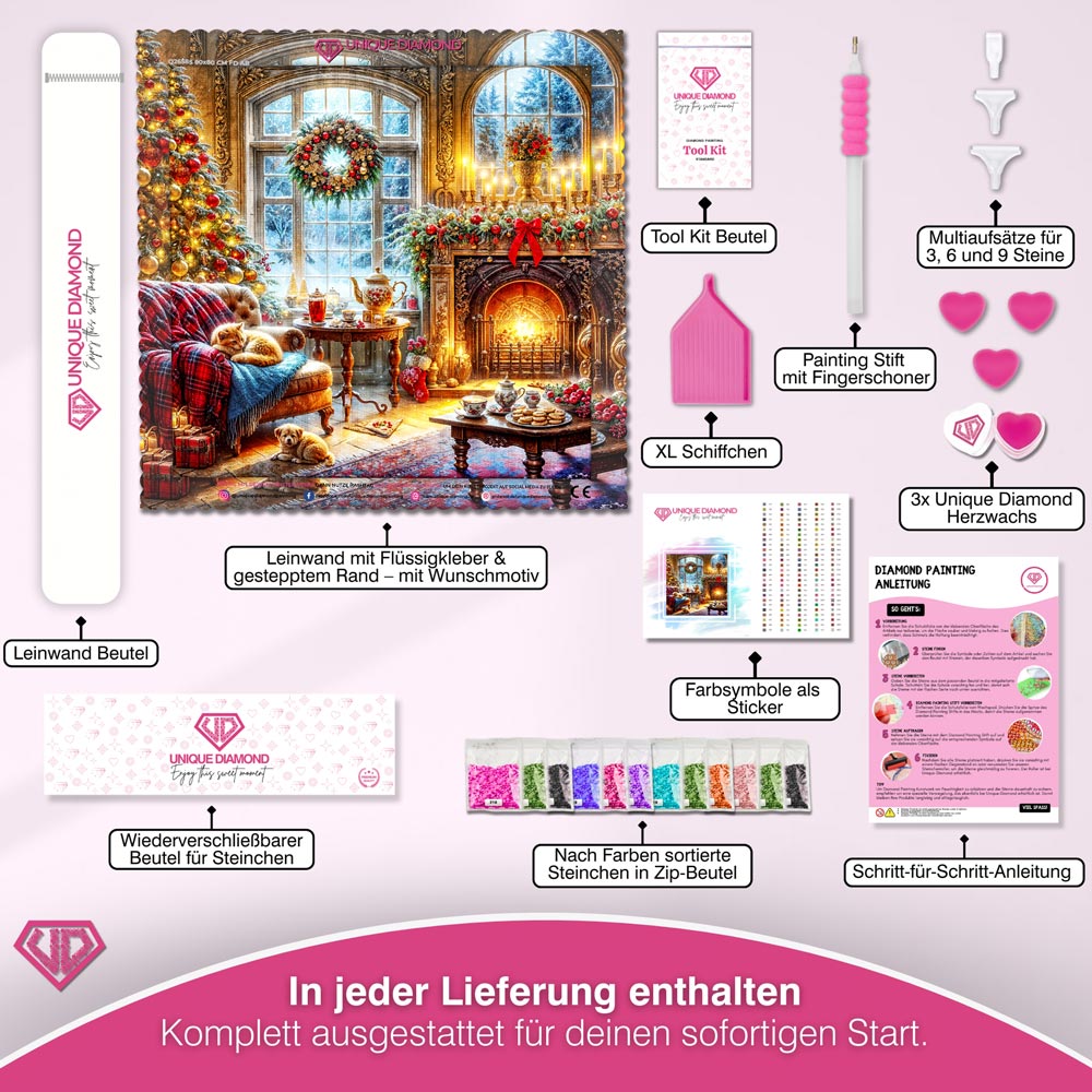 5D Diamond Painting – Winterzauber im Kaminzimmer, Unique-Diamond